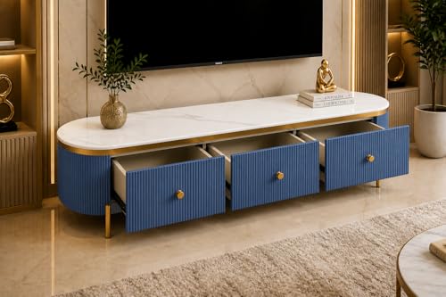 Image of Mazzo White Marble TV Unit Console | 70 inchx15 inchx18 inch | Golden Legs & Charcoal Louvers | Storage Drawers | Modern TV Stand Console Unit White Marble Top with Gold Accents, Storage (Blue)