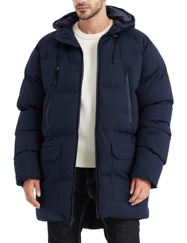 Rejork Langer Wintermantel Herren-Jacken Herren-Mäntel, mit Kapuze, warm, gesteppt, wasserabweisend, für kaltes Wetter, Marineblau, Medium