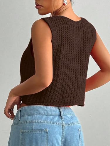 Verdusa Women's Button Front Crochet Sweater Vest Round Neck Sleeveless Cropped Knit Cardigan2