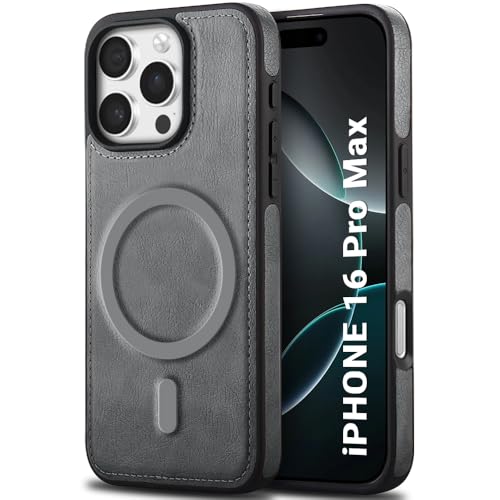 Image of TheGiftKart Genuine Leather Finish Back Cover Case for iPhone 16 Pro Max | Shockproof Design | Raised Edges for Camera & Screen Protection | Stunning Minimalist Design Case (MagSafe Compatible, Grey)