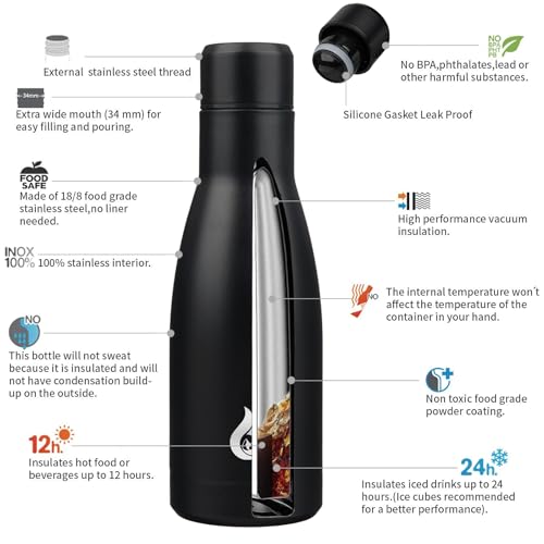 Image of BJPKPK Insulated Water Bottle 12oz Small Stainless Steel Water Bottles Reusable Metal Thermal Keep Cold and Hot,Midnight Black
