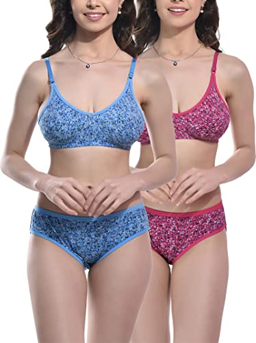 Image of StyFun Women Cotton Blend Floral Print Non-Padded Non-Wired Bra Panty Set Full Coverage Lingerie Set Multicolor See Main Image to Check How Many Sets You Will Get