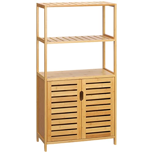 kleankin Mueble de baño de bambú, mueble de baño independiente con 2 estantes abiertos y puerta de listones doble, mueble de almacenaje para salón, dormitorio, aseo, 60 x 30 x 120 cm, natural