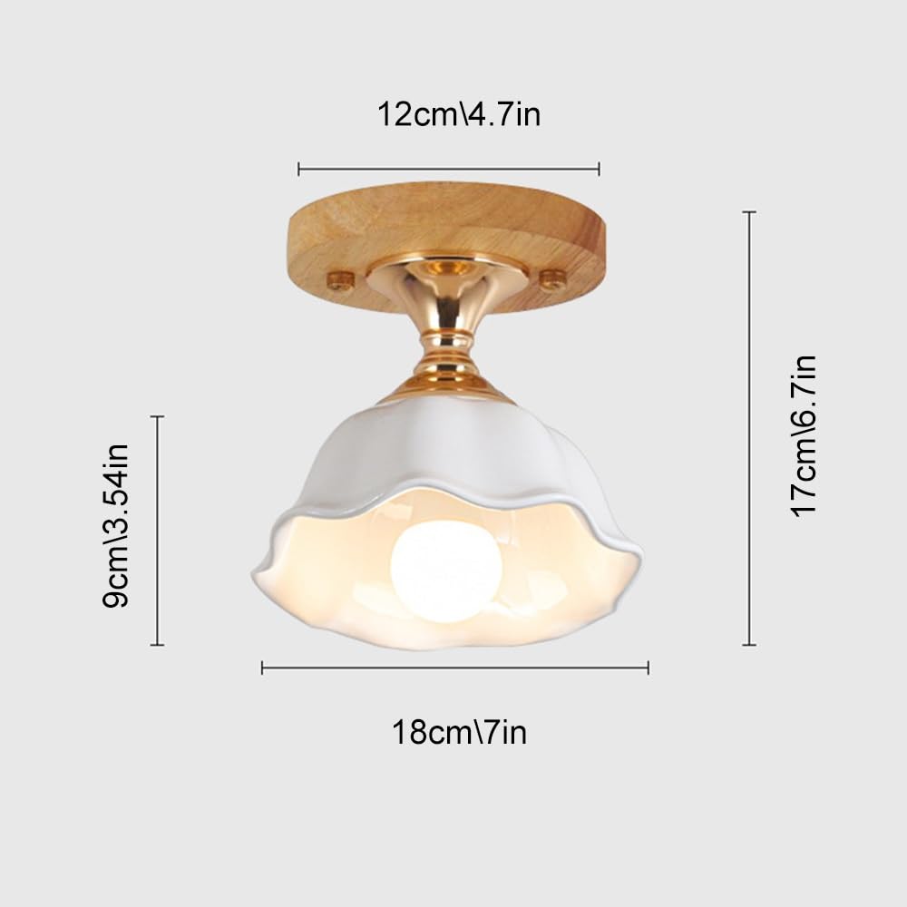 Jadssox Nordic Ceramiczna Lampa Sufitowa Drewniana Plafon Do Montażu Podtynkowego, Drewniana Podstawa Blisko Sufitu Z Białym Ceramicznym Kloszem, Nowoczesne Lampy Sufitowe Do Przedpokoju