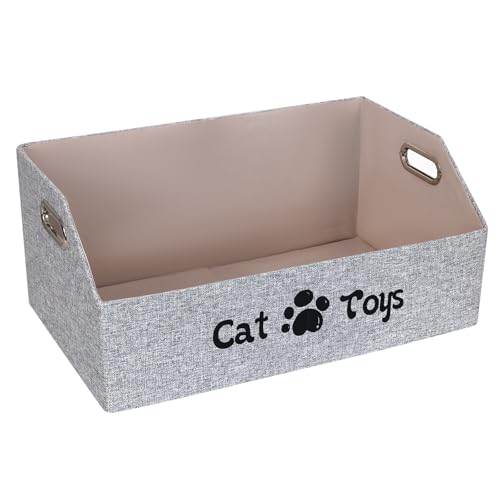 ORGMASTER Cat Toy Basket, Kitten Toys Storage Organizer Foldable Fabric Bin Pet Supplies Chest Holder Trapezoid Container with Metal Handles for Organizing Cats Clothes Accessories, Gray