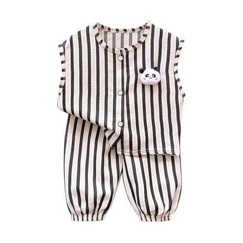 Kids Boys Girls Cotton Linen Activewear Set Striped Sleeveless Top and Pants Athletic Matching Set Panda Applique Loung𝐞wear