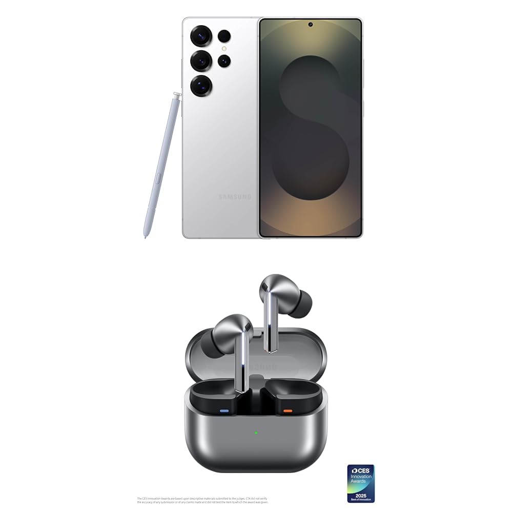 Samsung Galaxy S25 Ultra 256GB Unlocked AI Smartphone, Titanium Whitesilver w/ Galaxy Buds 3 Pro AI True Wireless Bluetooth Earbuds, Silver
