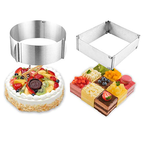 MANO 2-Piece Stainless Steel Cake Ring 6 to 12 Inch Adjustable Mousse Cake Molds Round and Square Cake Decor Baking Mold Ring Bakeware Set Tool