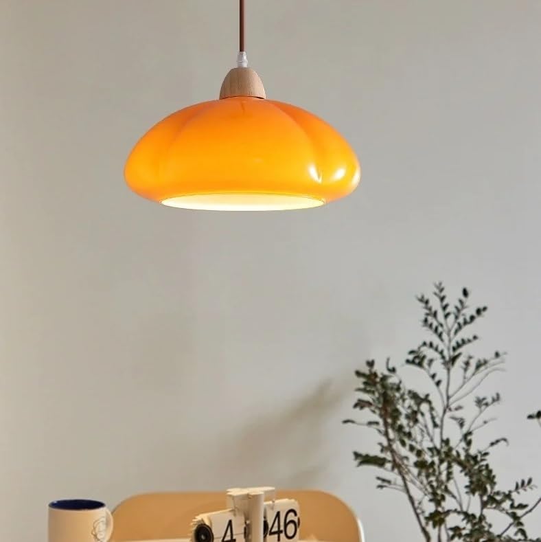Lustre suspension LED citrouille verre orange luminaire bois salon chambre salle à manger