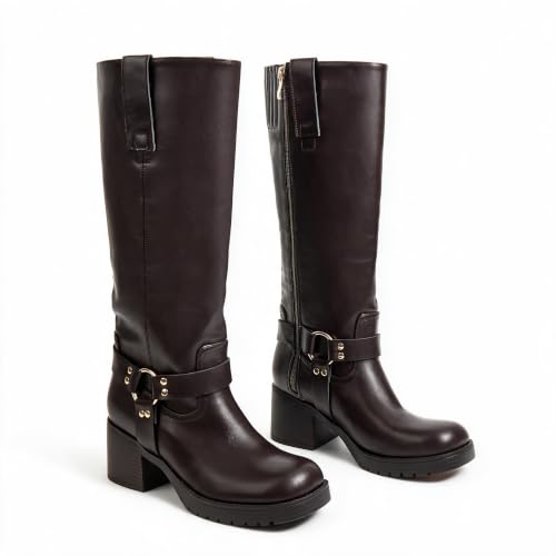 Image of Women's Knee High Riding Boots Chunky Heel Wide Calf Motorcycle Boots with Side Zipper