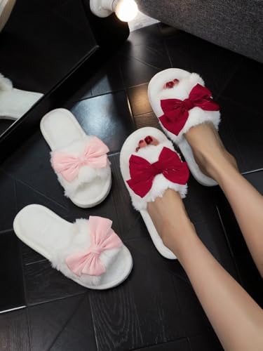 Coquette Bow Slippers for Women Fluffy Slides Comfort Wear Shoes Wide Open Toes Lightweight Breathable Warm Memory Foam Fuzzy Backless Pillow Slippers Home Indoor Bedroom Cute Matching Gift for Couple3