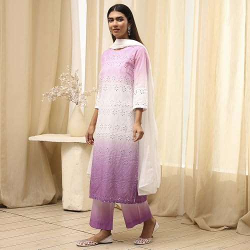 Image of BIBA Women Cotton Straight Dyed Suit Set