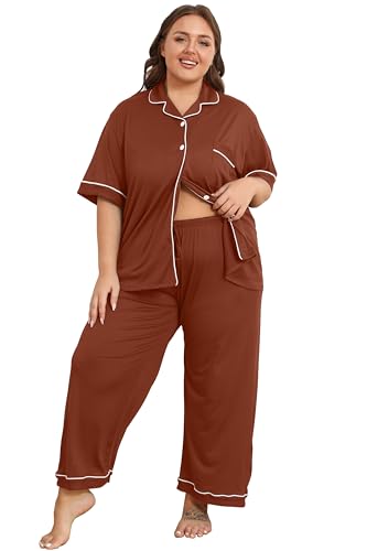 Image of Vozanet Women's Plus Size Pajamas Button Down Shirt and Pants Soft Lounge Sets Bride Nighty Bottom with Pockets 1x to 5x