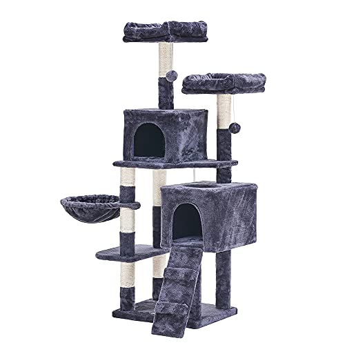 Hey-Brother 58'' Multi-Level Cat Tree Condo Furniture With Sisal-Covered Scratching Posts, 2 Plush Condos, Hammock For Kittens, Cats And Pets Smokey Gray Mpj013G #TOP1