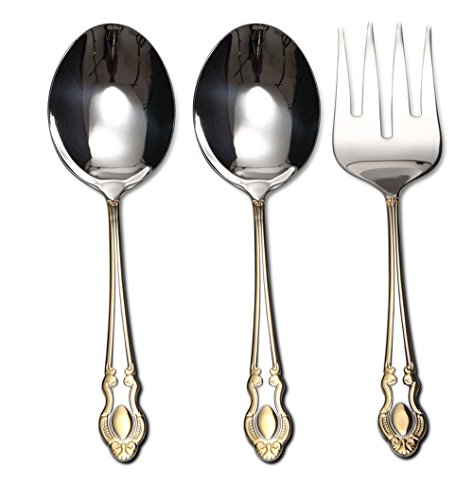 Venezia Collection Gold Flatware Serving Set for 12, 75-Pc Luxury Dining Silverware Cutlery Service, 24 Kt 18/10 Premium Surgical Stainless Steel Hostess Set in a Wooden Storage Case Chest