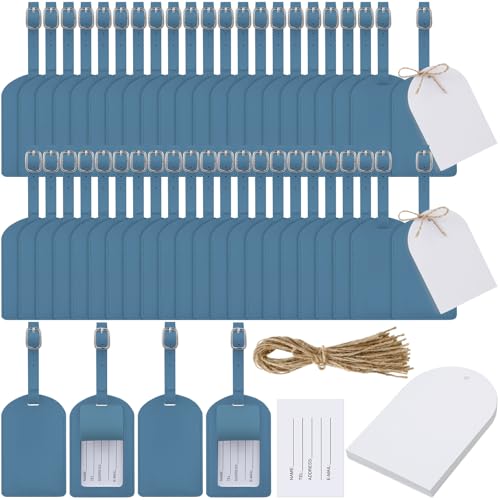 Amylove 48 Sets Leather Luggage Tags Bulk Wedding Favors Luggage Tags for Guests Bridal Gifts Wedding Bridal Shower Gift PU Leather with Name ID Card Tag for Guests(Haze Blue)