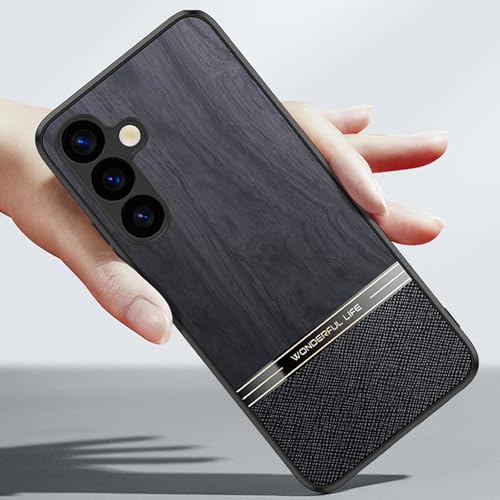 Coque fine en cuir texture bois pour Samsung Galaxy S25 Plus protection complète gris