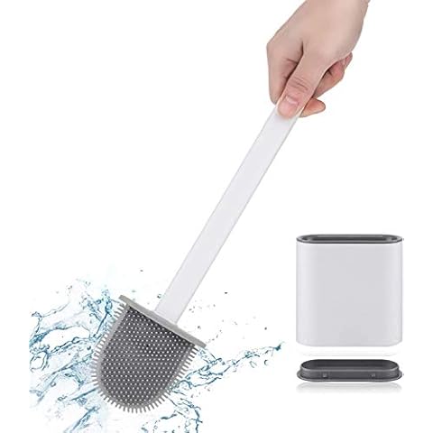 Pterygoid Toilet Brush, Silicone Toilet Brushes, Deep Cleaner Toilet Brush with Holder, with No-Slip Long Plastic Handle and Flexible Bristles, Quick Drying, Flooring/Mounted Wall Design,White Cover