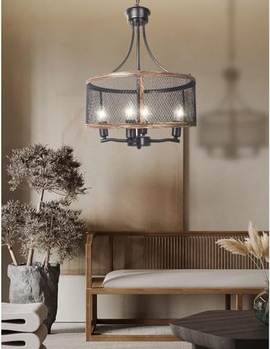 Pendant light American 4 light rustique avec détails grain de bois naturel