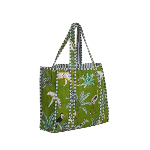 Image of Cotton Tiger Block Print Tote Bag, Indian Handmade Shopping Shoulder Bag, Unisex Market Daily Use
