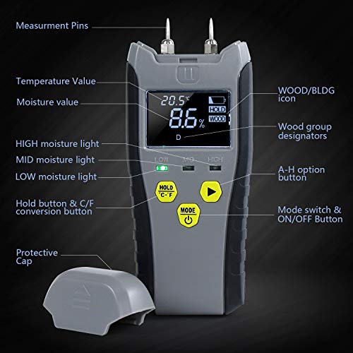 Digital Moisture Meter, Water Leak Detector, Moisture Tester, Pin Type, Backlit LCD Display With Audible and Visual High-Medium-Low Moisture Content Alerts - Thumbnail 6