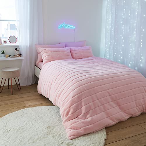 Sassy B Hella Cosy Banded Faux Fur Double Duvet Cover Set Pink By