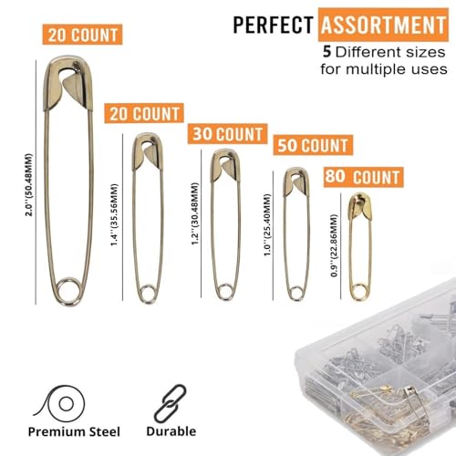 Pack of 200 Safety Pins Assorted, Pins for Saree, Clothes, 5 Sizes from Small to Large Safety pins for Multi-Purpose use, Heavy Duty Variety Pack