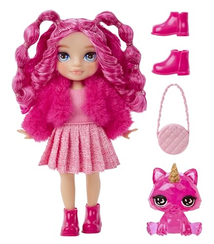 RAINBOW HIGH Littles - Magenta Monroe - Small Articulated Model Doll - Pink Doll 14cm with Handbag and Magic Kitten - Suitable for Kids and Collectors