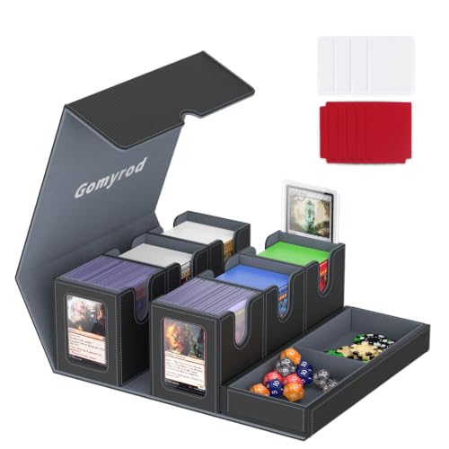 Image of Gomyrod Card Deck Box for MTG with Commander Display, 7 In 1 Card Storage Box Fits 600+ Double-sleeved Cards, Removable MTG Deck Case Fit for TCG /Sports /Baseball Cards with Dice Tray (Black & Grey)