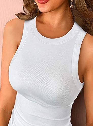 Sandery Summer Tank Top Women Fitted Shirts Ribbed Cami Casual Fit Sleeveless Tops Elastic Round Crew High Neck Spandex Basic Trendy Racerback Dressy Tanks White M #TOP1
