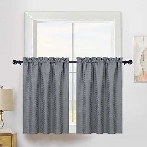 CAROMIO Rideau Court en Tissu Doux avec Motif Gaufré, Petit Rideau Cuisine Court pour Petites Fenêtres avec Passe-Tringle, Gris, 75 x 60 cm, Lot de 2