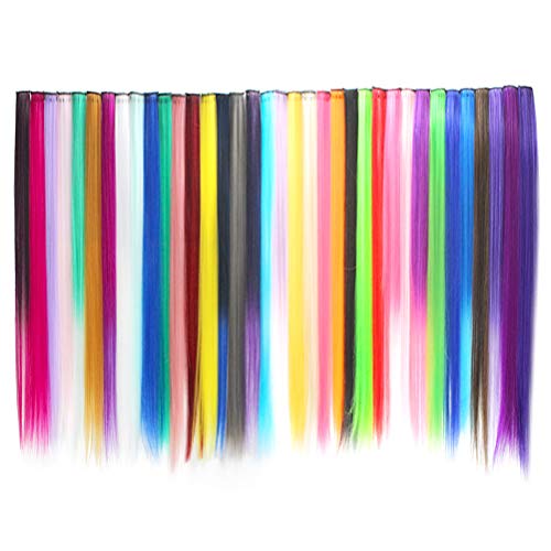 Wobe 36Pcs Colored Clip in Hair Extensions 21inches Multi-colors Party Highlights Straight Long Hairpiece Colorful Clip in Synthetic Hair Extensions for Women and Kids Streak Hairpieces (36 Colors)