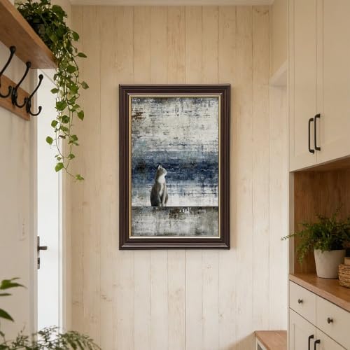 Toile chat regardant l'horizon abstrait gris-blanc : poésie et douceur murale