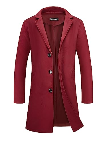 Image of Lars Amadeus Men's Burgundy Trench Coat Lapel Collar Single Breasted Warm Long Peacoat Overcoat Medium