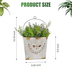 CVHOMEDECO Farmhouse Wall Mount Metal Flower Pots Rustic Galvanized Bee Flower Holder Wall Hanging Pocket Planter for Indoor Outdoor and Wall Decor Grey Set of 2