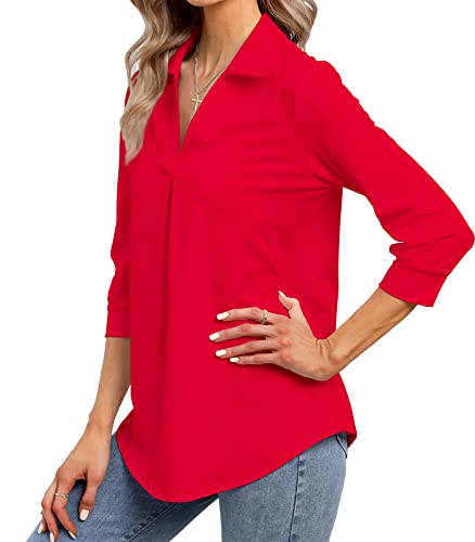 Heat Move Women's 3/4 Sleeve Length Tops Collared V Neck Shirt Dressy Casual Business Blouses for Work Professional2