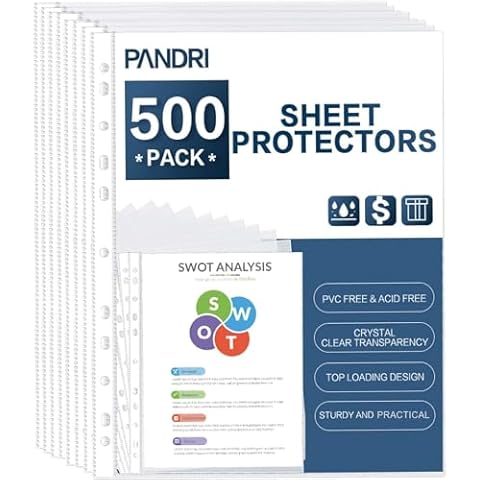 Sheet Protectors, PANDRI 500 Pack Clear Heavy Duty Plastic Page Protectors Sheet Reinforced 11-Hole Fit for 3 Ring Binder Fits Standard 8.5 x 11 Paper, 9.25 x 11.25 Top Loaded, Excluding Acid Cover