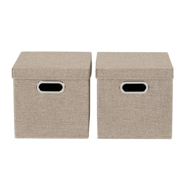Household Essentials 802-1 Caf¨¦ Cube Bin Storage Set with Lids and Handles | 2 Pack, Brown Linen