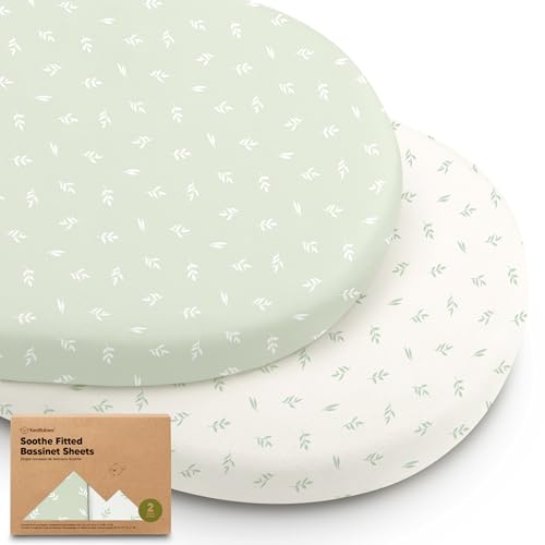 Image of 2-Pack Organic Bassinet Sheets for Girls, Boys - 100% Cotton Bassinet Mattress Sheets Compatible with Halo Bassinest Swivel Sleeper, Graco, Baby Delight, Chicco, Unisex Fitted Bassinet Sheets (Herb)