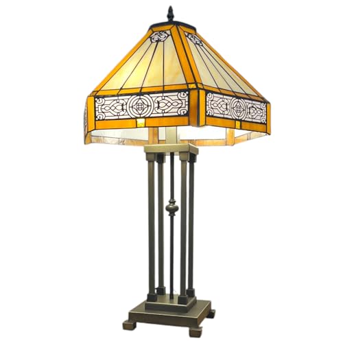 Loxton Lighting Tiffany Style Table Lamp, 65 cm Height, 41 cm Hexagonal Shade, Art Deco Oriental Design, Antique Bronze Base