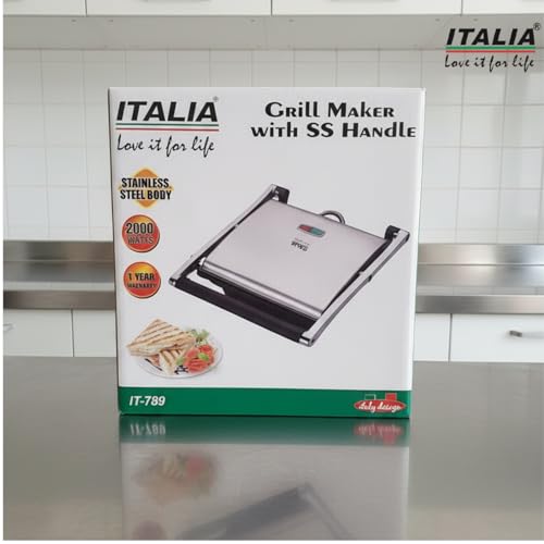 Image of ITALIA 2000W High-Performance Grill Maker | Rapid Heating, Non-Stick Plates, Stainless Steel Body, Safety Lights, Cool-Touch Handle, Multi-Purpose Sandwich & BBQ Griller | 1 Year Warranty