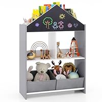 Costzon Kids Bookshelf, Wooden Dollhouse Bookcase with Blackboard, Whiteboard, Toddler Book Shelf with Cubby & 2 Fabric Bins, Toy Storage Organizer for Kids Room, Playroom, Nursery (Gray)