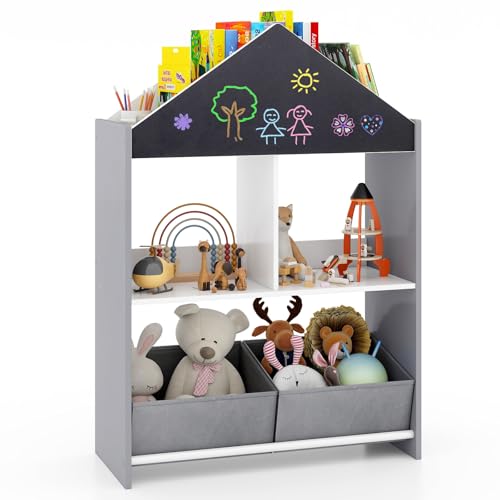 Costzon Kids Bookshelf, Wooden Dollhouse Bookcase with Blackboard, Whiteboard, Toddler Book Shelf with Cubby & 2 Fabric Bins, Toy Storage Organizer for Kids Room, Playroom, Nursery (Gray)