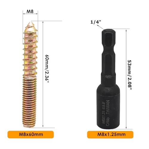 Image of 10pcs M8x60mm Hanger Bolts Double Headed Bolts Screw Kit,Self-Tapping Hanger Bolts Screw for Wood Furniture,with 1pcs M8x1.25mm Driver