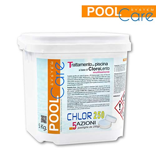 POOL CARE CHLOR 250 5 acciones - 5 kg. Cloro en Pastillas de 250 g. Multiacción Activa al 90% de disolución Lenta para Piscina - Envío inmediato