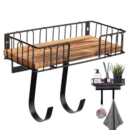 Estante de pared para colgar de hierro, soporte para lavandería, soporte para colgar ahorro de espacio, ganchos de madera para cesta de utilidad, almacenamiento de herramientas, organización de