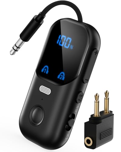 Bluetooth 5.4 Transmitter Receiver for 2 AirPods/Headphones, 2-in-1 Airplane Bluetooth Adapter with Mic for Hands-Free Calls, Low Latency, Wireless Audio Adapter for Travel Flight TV Speakers