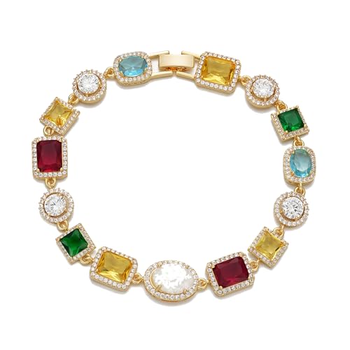 Tennis Bracelet for Men, Dainty 18K Gold Plated Diamond Tennis Bracelet Cubic Zirconia Chain with Emerald, Ruby, and Aquamarine Gemstones for Men Bride Birthday Wedding Valentine's Day Gifts