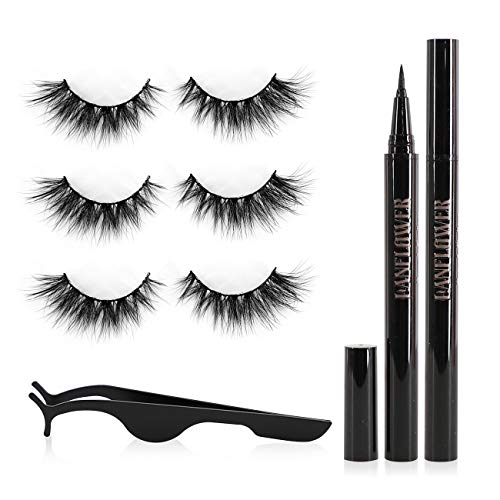 Lanflower Eyelashes with Eyeliner, 3D mink Lashes look, Glue Free No Magnetic Lashes, Waterproof Liquid Eyeliner Kit