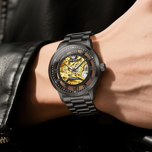 Image of OLEVS Mens Automatic Watch Skeleton Diamond Luxury Mechanical Self Winding Dress Wrist Watch Waterproof Luminous